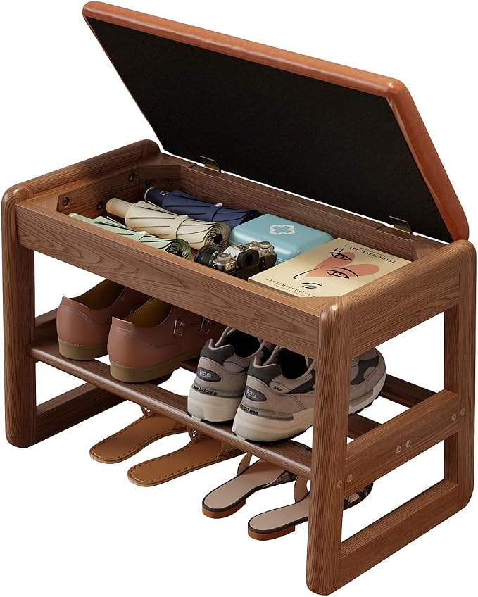 AQIMUELE Shoe Rack Bench,2 Tiers Shoe Bench with Storage with Flip-Top,Wood Shoe Rack for Entryway,Hallway（Orange Upholstered Seat,11.8" D x 23.62" W x 15.7" H）