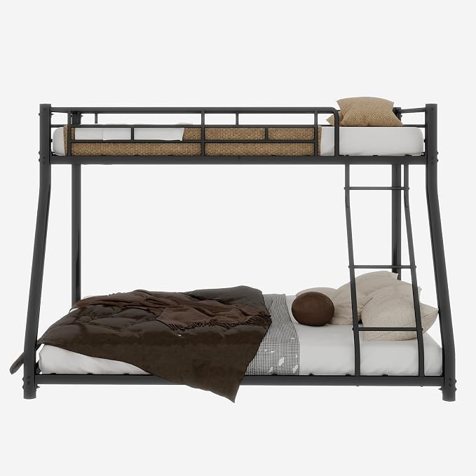 EMKK Twin Over Full Bunk Bed for Adults, Metal Bunk Beds Twin Over Full Size for Teens Dorm Bedroom Guest Room,Heavy Duty Bunk Beds with Ladder and Safety Full Length Guardrail (Black)