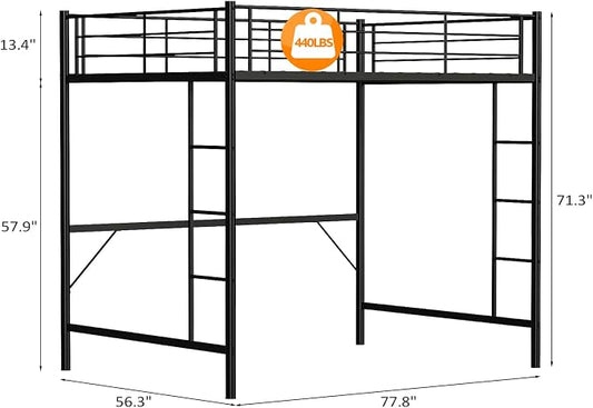 VINGLI Full Size Loft Bed Kids Loft with 2 Stairs Design,Space-Saving Double Bed for Teens, Adults, Heavy Duty Metal Square Slat, No Box Spring Needed,Black