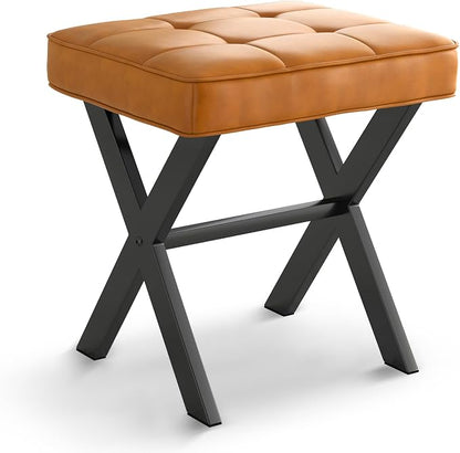 LUE BONA Vanity Stool, Faux Leather X-Leg Foot Stool, Small Ottoman Makeup Stool Chair for Vanity, Modern Padded Foot Rest Vanity Seat for Makeup Room, Bathroom, Whiskey Brown