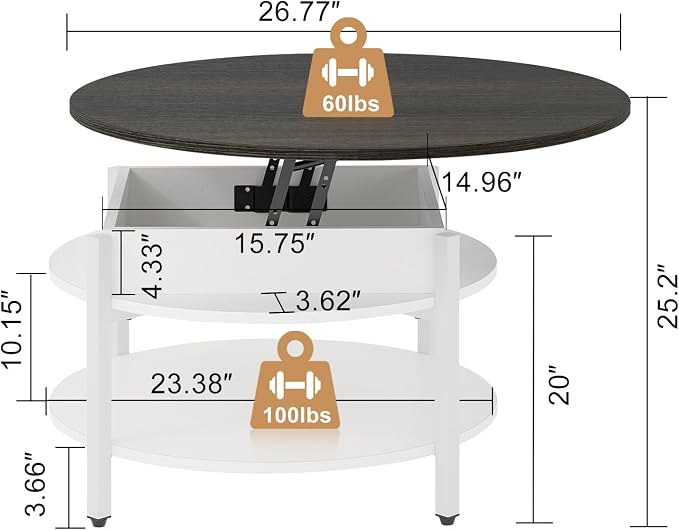 FABATO Round Lift Top Coffee Table with Storage and Hidden Compartment, 26.77'' Farmhouse Coffee Table for Living Room Reception Room, 2 Tier Small Round Coffee Table Circle Dining Table, White