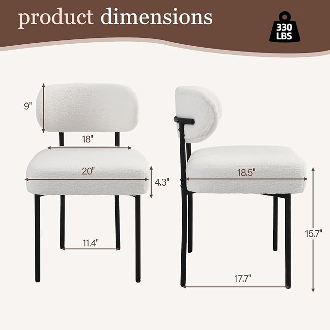 Dining Chairs, White Boucle, 2 Pack | Kitchen Dining Room, Curved Backrest, Comfortable Upholstered, Mid Century Modern