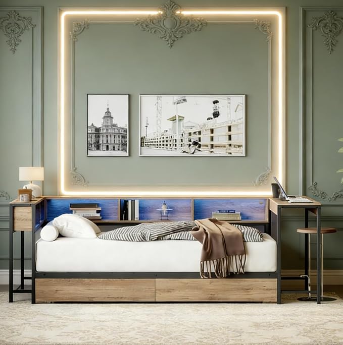 Bellemave Full Corner bedframe with Desk and Storage, Full Captains Bed with Charging Station and LED Light, Wood Daybeds with L-Shaped Bookcase and 2 Drawers, Grey