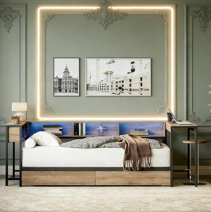 Bellemave Full Corner bedframe with Desk and Storage, Full Captains Bed with Charging Station and LED Light, Wood Daybeds with L-Shaped Bookcase and 2 Drawers, Grey