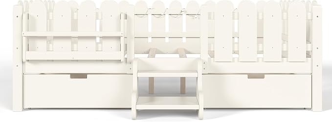 Bellemave Queen Size Montessori Bed with Stairs, Lights, Rails and Slats, Queen Size Montessori Floor Bed with Bookshelf and 2 Storage Drawers, Easy Assemble Beds Frame for Girls, Boys, Beige