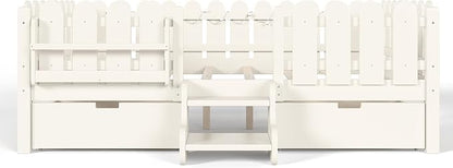 Bellemave Queen Size Montessori Bed with Stairs, Lights, Rails and Slats, Queen Size Montessori Floor Bed with Bookshelf and 2 Storage Drawers, Easy Assemble Beds Frame for Girls, Boys, Beige