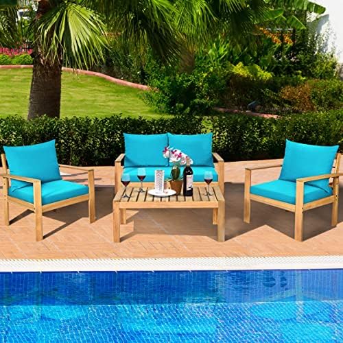 Tangkula Outdoor 4-Piece Acacia Wood Chat Set, 4 Seater Acacia Wood Conversation Sofa and Table Set with Water Resistant Cushions, Teak Finished (1, Turquoise)