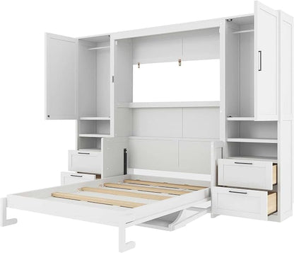 Merax Full Size Murphy Bed with Desk, Closet, Drawers and Shelves, Multifunctional Foldable Wood Platform Bed Frame for Small Spaces Studio Study Office Guest Room, Space-Saving Design, White