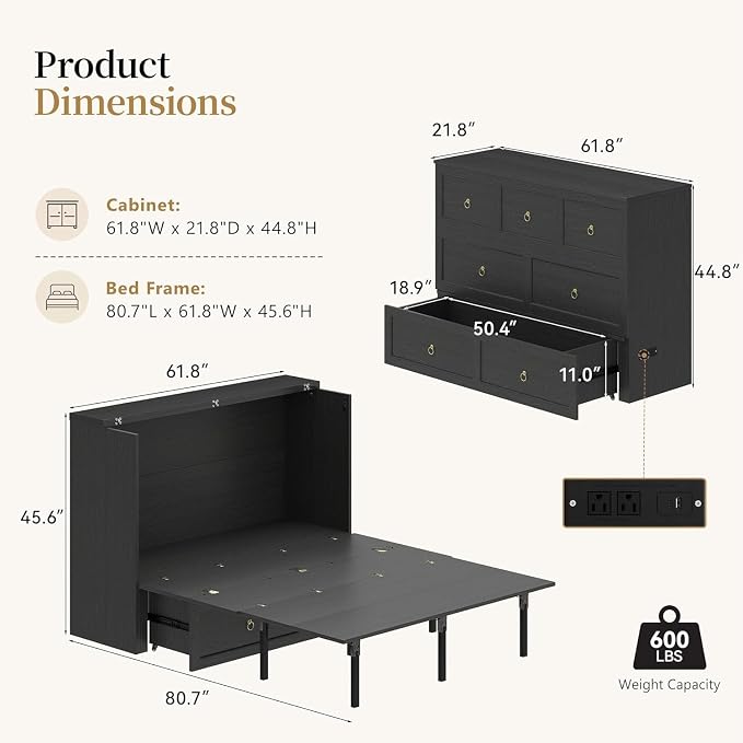 Ihanherry Farmhouse Queen Murphy Bed with Storage Drawer,Cabinet Bed with LED Lights & Charging Station, Space Saving Wall Bed for Small Bedroom/Home Office, Noise Free & Easy Assembly, Black
