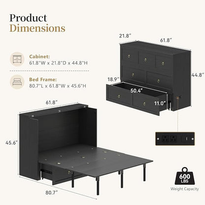 Ihanherry Farmhouse Queen Murphy Bed with Storage Drawer,Cabinet Bed with LED Lights & Charging Station, Space Saving Wall Bed for Small Bedroom/Home Office, Noise Free & Easy Assembly, Black