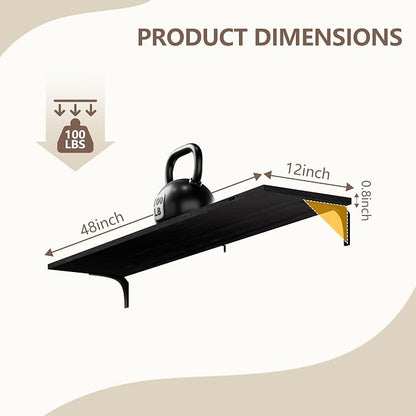 12 Inch Deep Floating Shelves Set of 4, 48 Inch Wide Black Solid Wood Wall Shelves, 4ft Heavy Duty Farmhouse Wall Mounted Shelving for Kitchen, Living Room & Bedroom