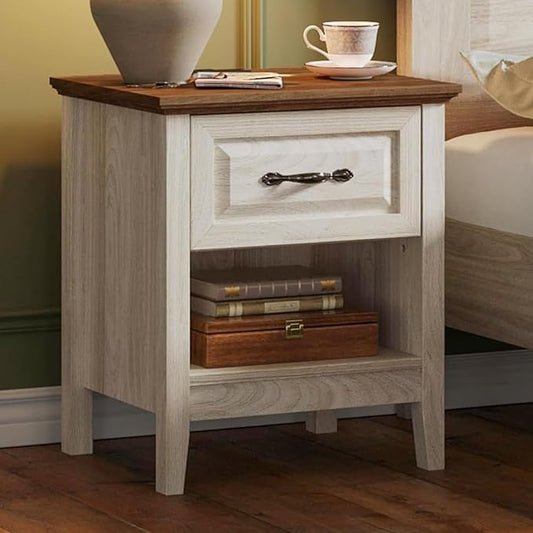 LINSY Night Stand 18.9" Farmhouse Wood Night Stand with Type-C Charging Station Open Storage Shelf Nightstands with Drawer Side Table End Table for Bedroom Living Room Sofa Couch Office Beige