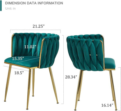 Velvet Dining Chairs Set of 2, Modern Dining Chair with Golden Metal Legs, Woven Upholstered Dining Chairs for Dining Room, Kitchen, Vanity, Living Room (Green)