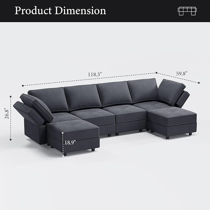Vesgantti Sectional Couches with Storage Seats, 118" L Shaped Convertible Modular Sectional Sofa, 4 Seat & 2 Ottomans Velvet Storage Chaises Deep Seat Couch for Living Room, Bedroom, Apartment, Gray