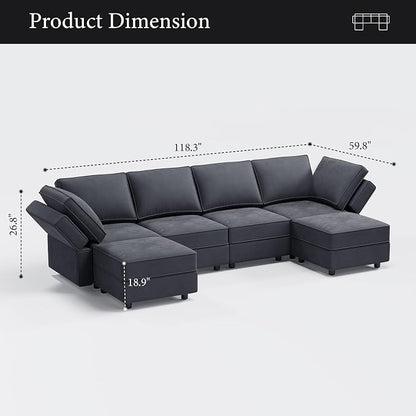 Vesgantti Sectional Couches with Storage Seats, 118" L Shaped Convertible Modular Sectional Sofa, 4 Seat & 2 Ottomans Velvet Storage Chaises Deep Seat Couch for Living Room, Bedroom, Apartment, Gray