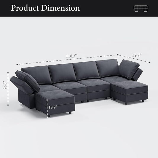 Vesgantti Sectional Couches with Storage Seats, 118" L Shaped Convertible Modular Sectional Sofa, 4 Seat & 2 Ottomans Velvet Storage Chaises Deep Seat Couch for Living Room, Bedroom, Apartment, Gray