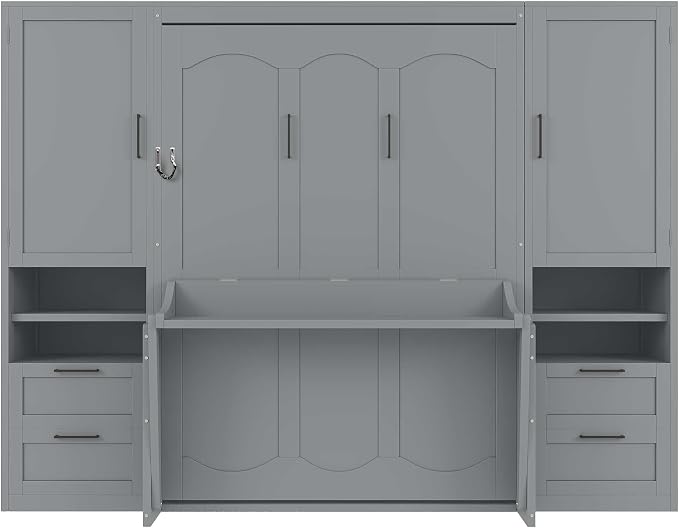 Merax Full Size Murphy Bed with Desk, Closet, Drawers and Shelves, Multifunctional Foldable Wood Platform Bed Frame for Small Spaces Studio Study Office Guest Room, Space-Saving Design, Gray