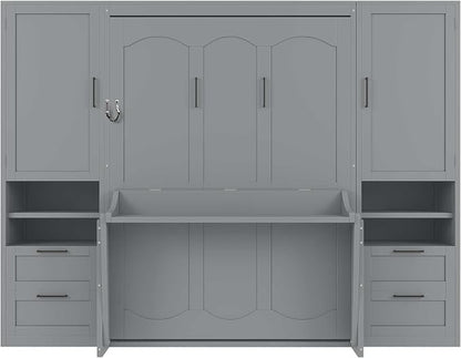 Merax Full Size Murphy Bed with Desk, Closet, Drawers and Shelves, Multifunctional Foldable Wood Platform Bed Frame for Small Spaces Studio Study Office Guest Room, Space-Saving Design, Gray