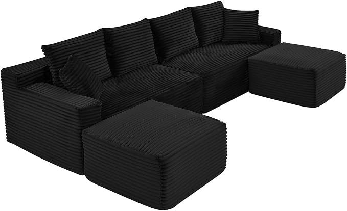 115" U-Shaped Cloud Sectional Couch, Modular Compressed Boneless Sectional Sofa W/Reversible Ottoman Chaise Lounge, Plush Corduroy Boneless Symmetrical Sofa for Living Room