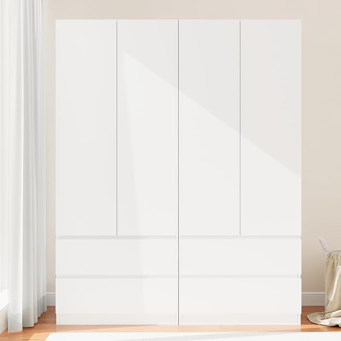 Armoire Wardrobe Closet with 4 Doors, Wooden Wardrobe Cabinet with 4 Drawers, Hanging Rod & Shelves, Freestanding Closets for Bedroom (White, 2)