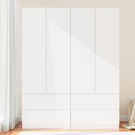 Armoire Wardrobe Closet with 4 Doors, Wooden Wardrobe Cabinet with 4 Drawers, Hanging Rod & Shelves, Freestanding Closets for Bedroom (White, 2)