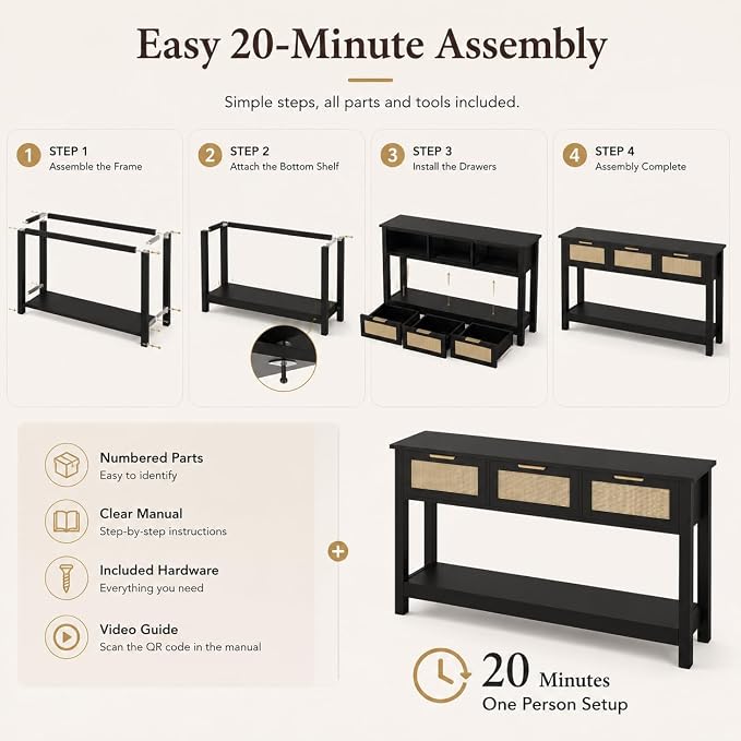 Entryway Table with 3 Drawers, Boho Rattan Console Table with Storage Shelf | Narrow Sofa Table Behind Couch for Hallway, Foyer & Living Room, 47" Wood Accent Table, Easy Assembly, Anti-Tip, Modern Black