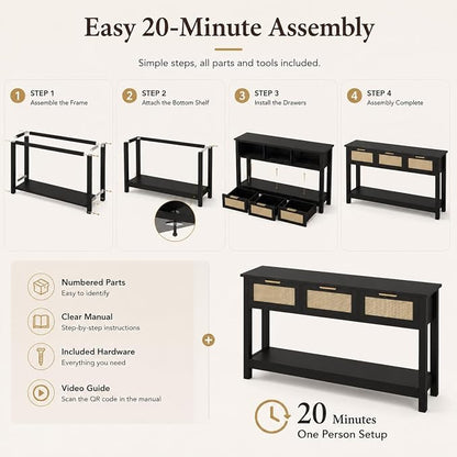 Entryway Table with 3 Drawers, Boho Rattan Console Table with Storage Shelf | Narrow Sofa Table Behind Couch for Hallway, Foyer & Living Room, 47" Wood Accent Table, Easy Assembly, Anti-Tip, Modern Black