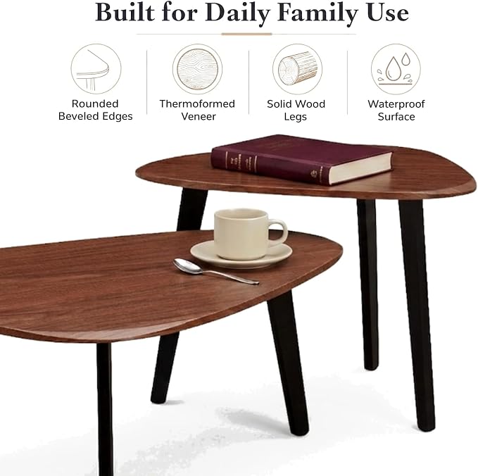Nesting Coffee Table Set of 2-Mid Century Modern Coffee Table | Guitar Pick Stacking Tables with Solid Wood Legs,Small Coffee Tables for Small spaces,Living Room,Balcony
