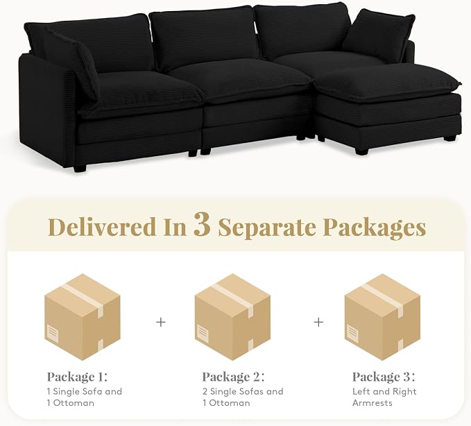 112'' Sectional Modular Cloud Couch, Oversized L Shaped 3 Seat Sofa with Movable Ottomans, 2 Throw Pillows, Upholstered Corduroy L Shape Comfy Deep Couches for Living Room and Office, Black