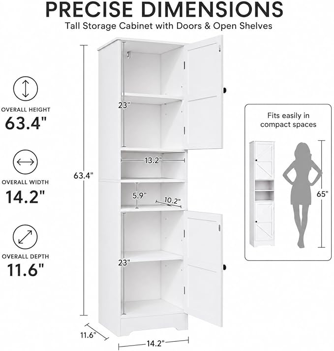 Viaozutis Tall Bathroom Storage Cabinet, Slim Freestanding Cabinet with Adjustable Shelves, Vertical Storage Organizer for Small Bathrooms, Toilet Paper & Daily Essentials Storage（White）