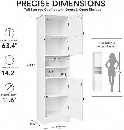Viaozutis Tall Bathroom Storage Cabinet, Slim Freestanding Cabinet with Adjustable Shelves, Vertical Storage Organizer for Small Bathrooms, Toilet Paper & Daily Essentials Storage（White）