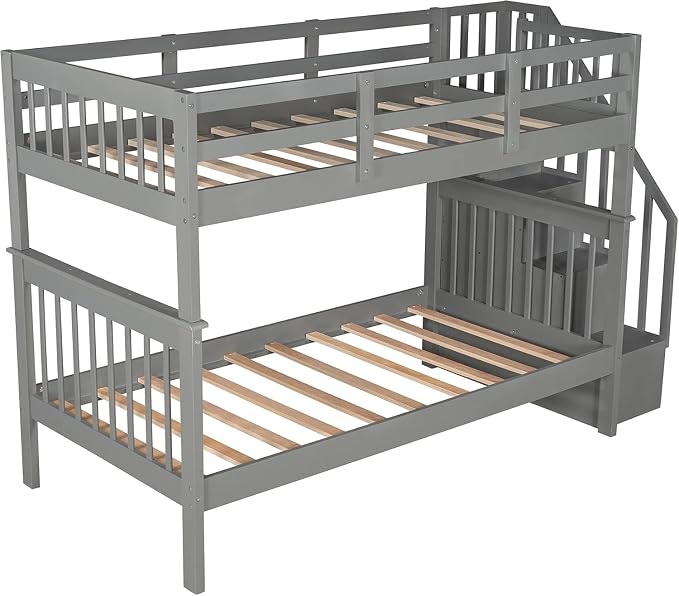 MERITLINE Twin Over Twin Bunk Bed with Storage Staircase, Solid Wood Stairway Convertible Bunk Bed with Stairs (Twin Over Twin,Grey)