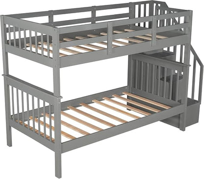 MERITLINE Twin Over Twin Bunk Bed with Storage Staircase, Solid Wood Stairway Convertible Bunk Bed with Stairs (Twin Over Twin,Grey)