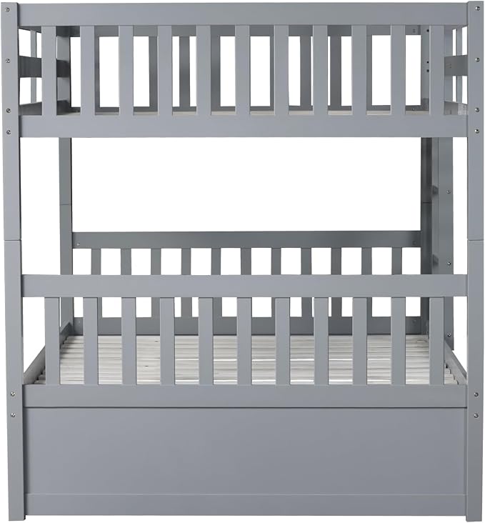 Harper & Bright Designs Convertible Wood Full-Over-Full Bunk Bed with Trundle and Ladder - Can Be Divided Into Two Platform Beds, Grey