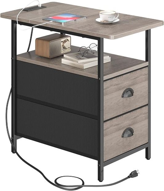 sthmec End Table with Charging Station, Narrow Side Table with 2 Drawers, Nightstands with Drawers, USB Ports & Power Oulets,Slim Sofa Side Tables for Small Spaces,Living Room,Bedroom, Grey