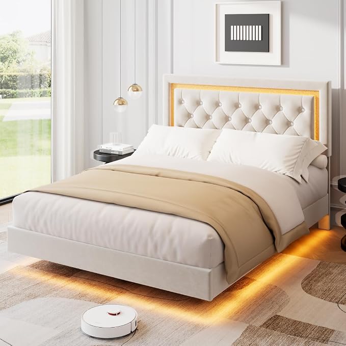 Garvee Floating Bed Frame Full Size with Smart Led Lights, Upholstered Platform Bed with Diamond Headboard, Solid Wood Slats Support, No Box Spring Needed, Noise-Free, Easy Assembly, White