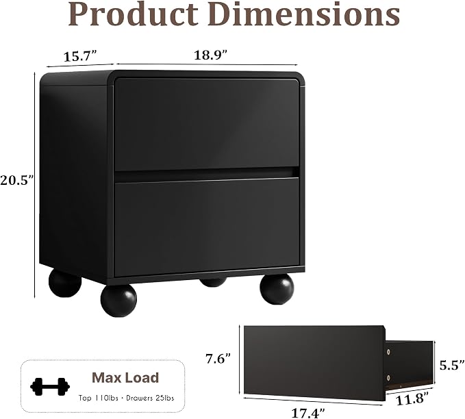 MAISONARIA Mid-Century 3-Piece Dresser Bedroom Set, 6 Drawer Dresser & 2 Drawer Nightstands with Curved Profile Design & Handle Free, Wood Chest of Drawers for Bedroom, Living Room, Hallway, Black
