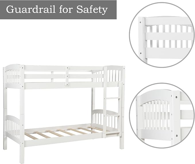 Merax Twin Over Twin Bunk Bed with Ladder and Guardrails,Convertible Bunk Bed can be Two Platform Beds(White)