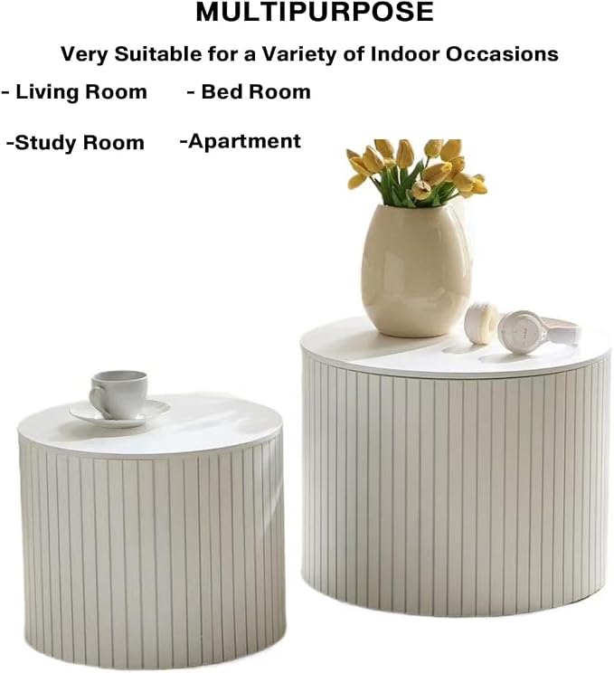 Nesting Coffee Tables Set of 2, Wooden Round Fluted Coffee Tables with Storage, Accent Drum Side Table, Luxury Modern Circle End Table for Small Spaces Living Room Bedroom Balcony Office, White