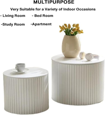 Nesting Coffee Tables Set of 2, Wooden Round Fluted Coffee Tables with Storage, Accent Drum Side Table, Luxury Modern Circle End Table for Small Spaces Living Room Bedroom Balcony Office, White