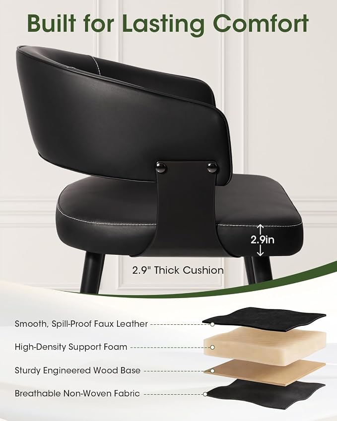 Dining Chairs Set of 4, Modern Upholstered PU Leather Kitchen & Dining Room Chairs with Curved Open Back Metal Legs, Kitchen Chairs for Dining Room Restaurant (Black, Set of 4)