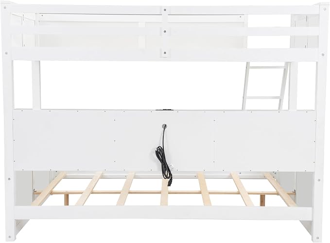 Wood Bunk Bed Twin XL Over Queen Size with Built-in Storage Cabinets and USB Ports, Versatile Bunk Bed Frame with Ladder and Guardrail for Kids Teens Adult, Maximize Space (White-T-Q)