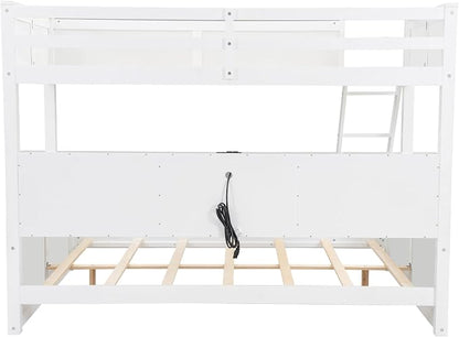 Wood Bunk Bed Twin XL Over Queen Size with Built-in Storage Cabinets and USB Ports, Versatile Bunk Bed Frame with Ladder and Guardrail for Kids Teens Adult, Maximize Space (White-T-Q)