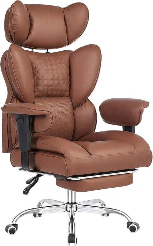 DUMOS Big and Tall Home Office Desk Chair, Ergonomic Executive Chair with Footrest, Computer Gaming Chairs with High Back Reclining, Adjustable Armrests and Comfy Lumbar Support, PU Leather, Brown