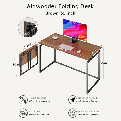 alawooder 31.5" Folding Desk: No Assembly, Wood Top for Small Spaces | Home office desk, holds 150 lbs, folds flat to 2.3 in, splash-proof wood top, sturdy metal frame