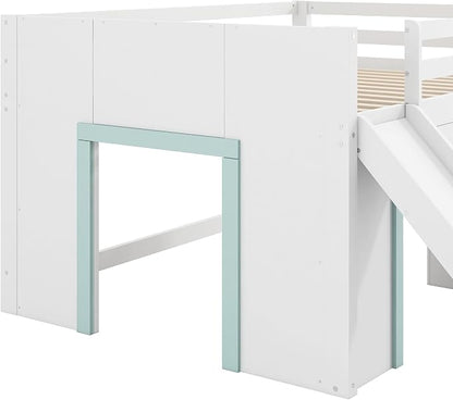 Bellemave Full Size Low loft Bed with Slide for Kids,Wood Modern Farmhouse Full Loft Bed with Drawer Storage, No Box Spring Needed, White