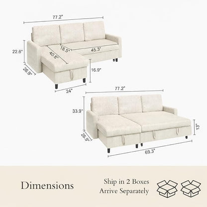 JAMFLY Pull Out Sleeper Sectional Sofa, L Shaped Corduroy Couch with Hidden Storage, Convertible Sofa Bed for Small Living Rooms and Apartments, White