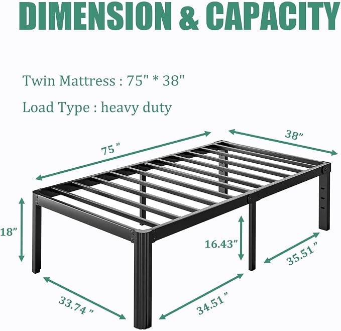 18 Inch High Twin Bed Frame No Box Spring Needed, Platform Metal Bed Frame Twin, Heavy Duty, Noise Free, Easy Assembly, Black
