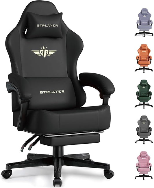 GTPLAYER Gaming Chair with Pocket Spring Cushion, Big and Tall Gamings Chairs 350LBS High Back Computer Chair with Footrest for Adults Lumbar Support Swivel Game Chair for Office, Leather Black
