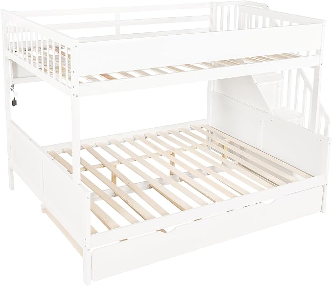 Modern Bunk Bed Full XL Over Queen Size with Storage Shelves and Staircase, Solid Wood Bunk Bed Frame with Trundle and LED Light for Kids Teens Adults (White-3.9)